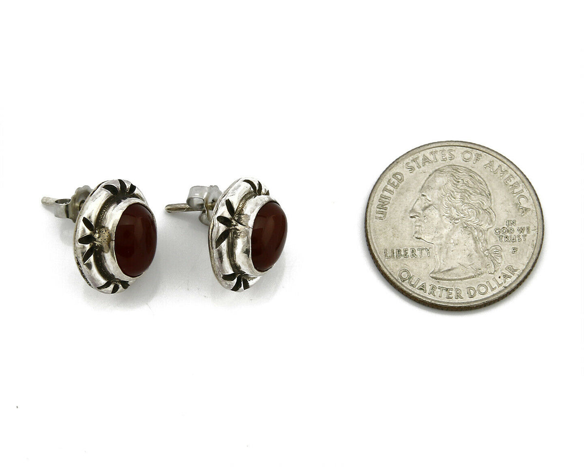 Navajo Hand Stamped Natural Mined Cornelian .925 SOLID Silver Stud Earrings