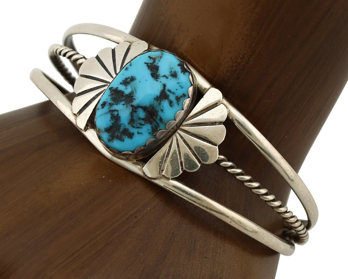 Navajo Bracelet 925 Silver Sleeping Beauty Turquoise Artist Signed LT CHEE C80s