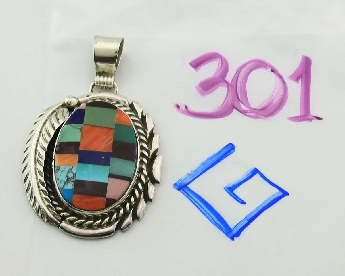 Navajo Pendant 925 Sterling Silver Natural Gemstones Vintage Signed Rabbit Stick