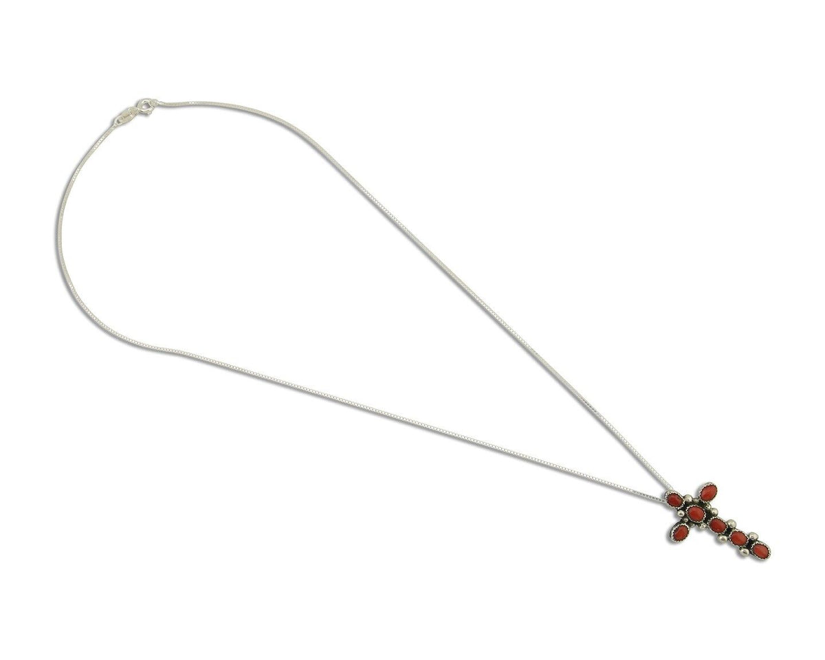 Navajo Cross Necklace 925 Silver Mediterranean Coral Native American Artist C80s