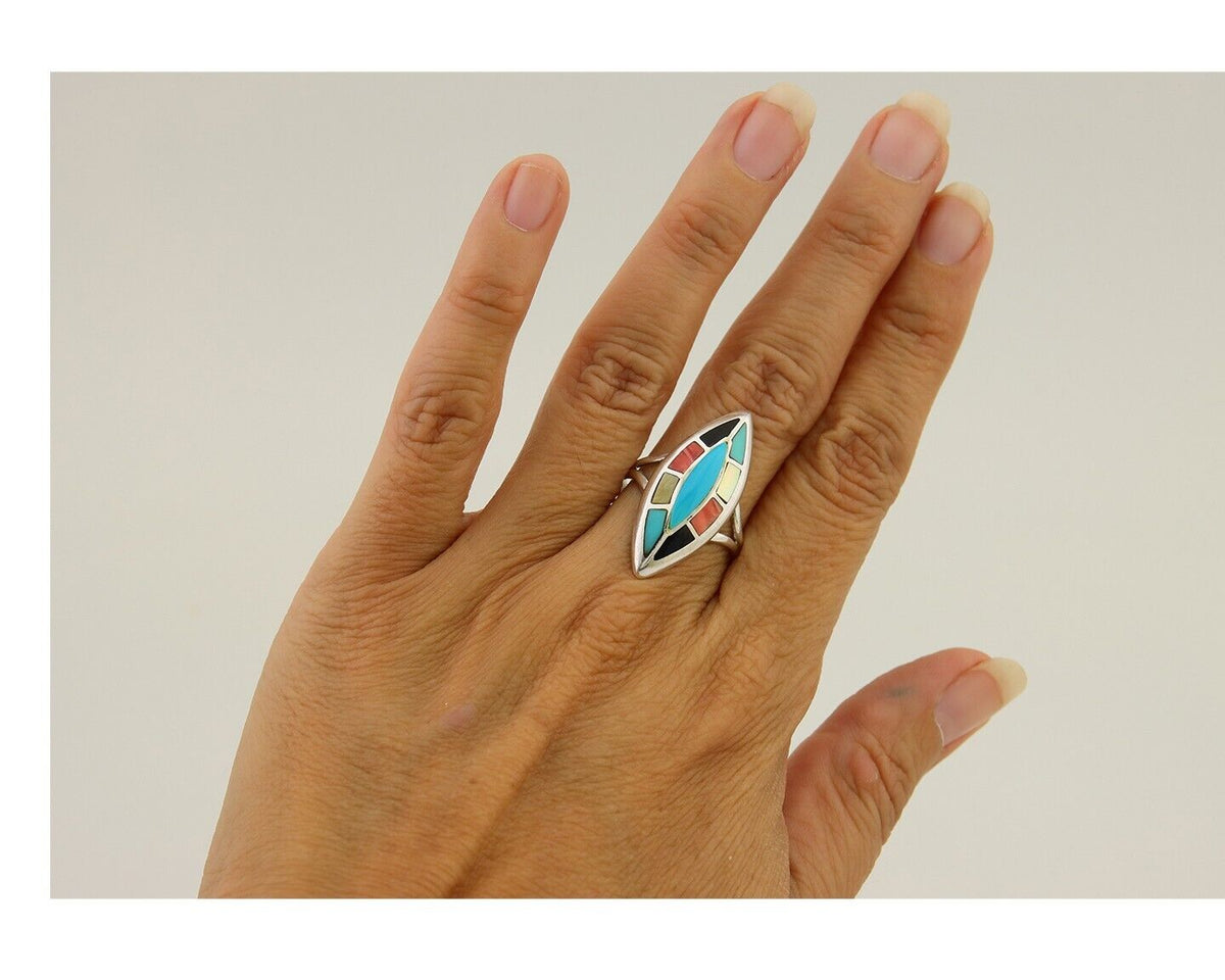 Navajo Ring 925 Silver Turquoise Shell Onyx Spiney Oyster Native Artist C80's