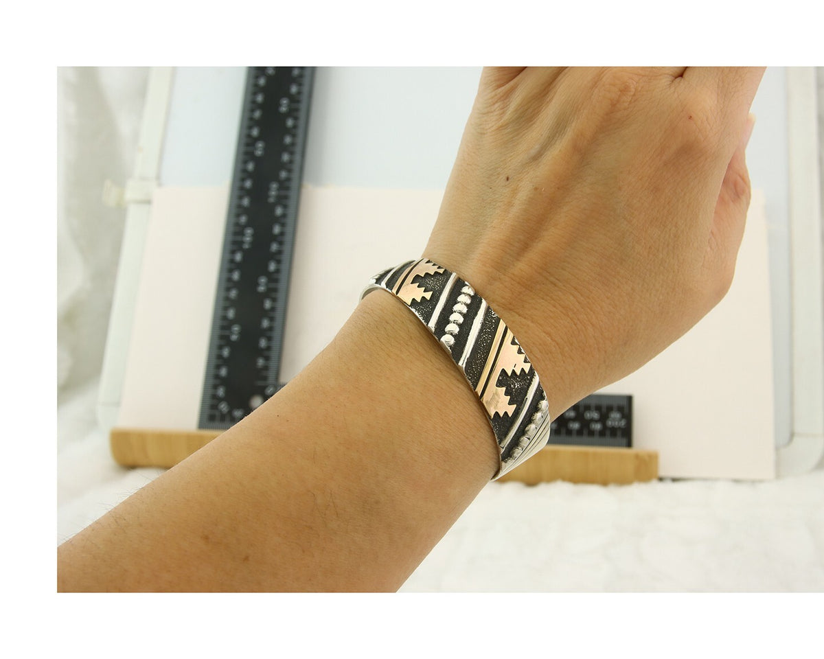 Navajo Bracelet Gold & 925 Silver Handmade 16 mm Wide Signed Thomas Singer C80s