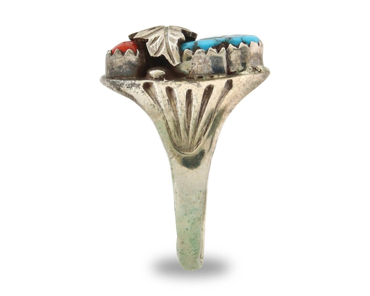 Navajo Ring 925 Sterling Turquoise & Coral Native Artist C.80's Size 9.25