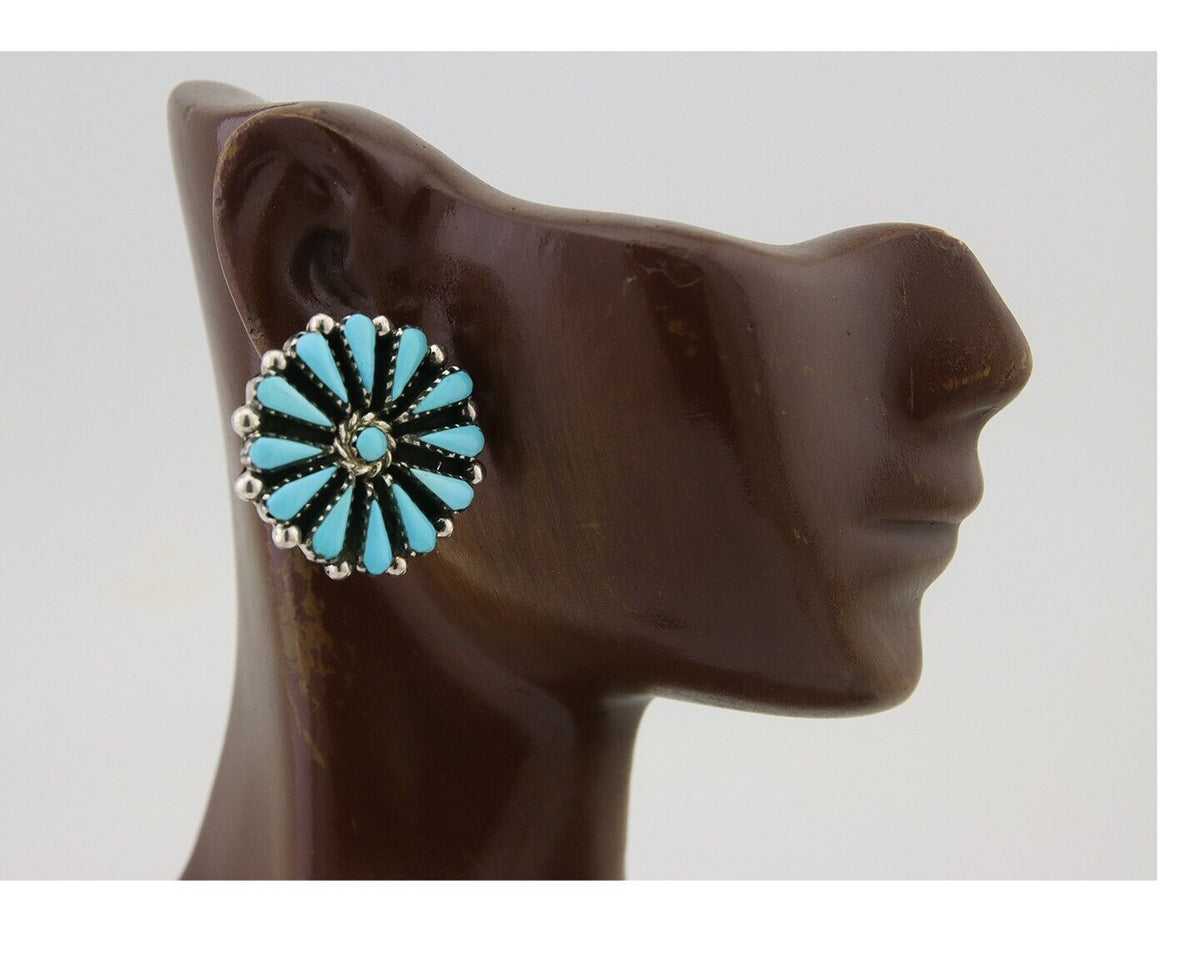 Navajo Petit Point Earrings 925 Silver Turquoise Signed Benson Yazzie C.80's