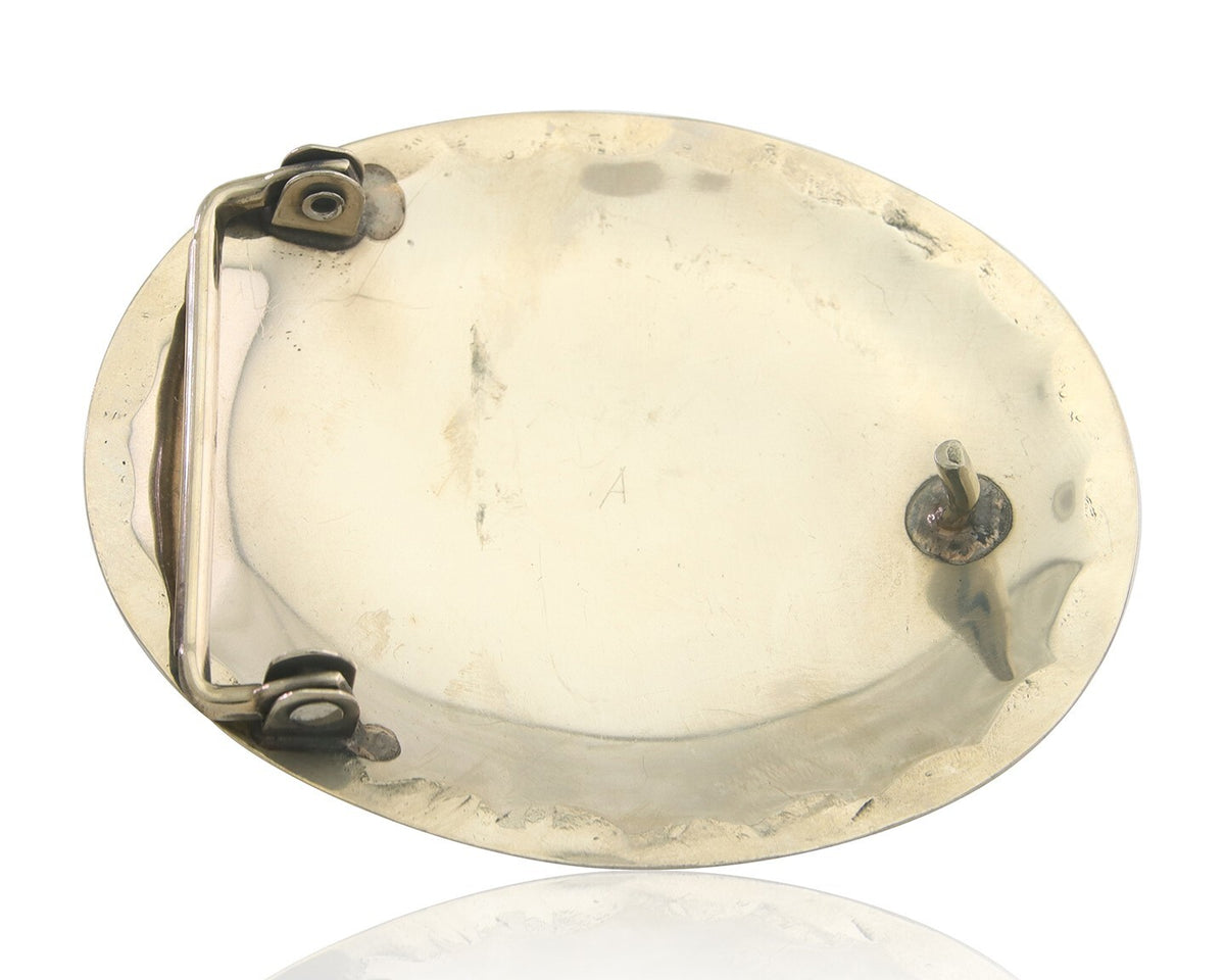 Navajo Belt Buckle .999 Nickel Buffalo Gemstone Signed 2.35 x 3.0 in C.80's