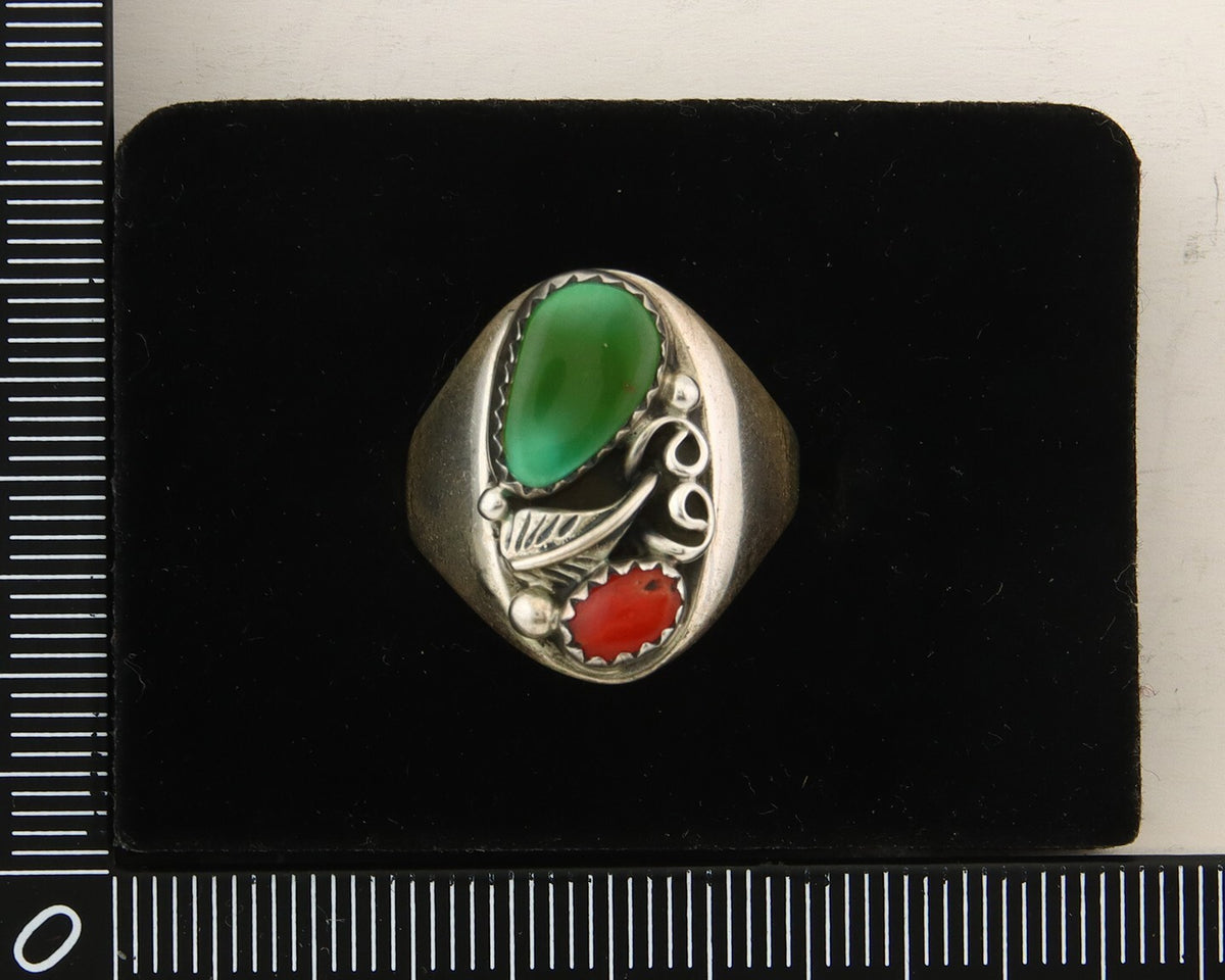 Navajo Ring 925 Sterling Turquoise & Coral Native Artist C.80's Size 7.75