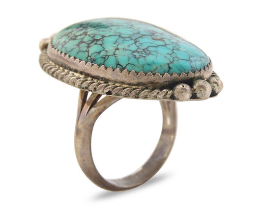 Navajo Ring 925 Sterling Spiderweb Blue Turquoise Native Artist C.80's Size 7.5