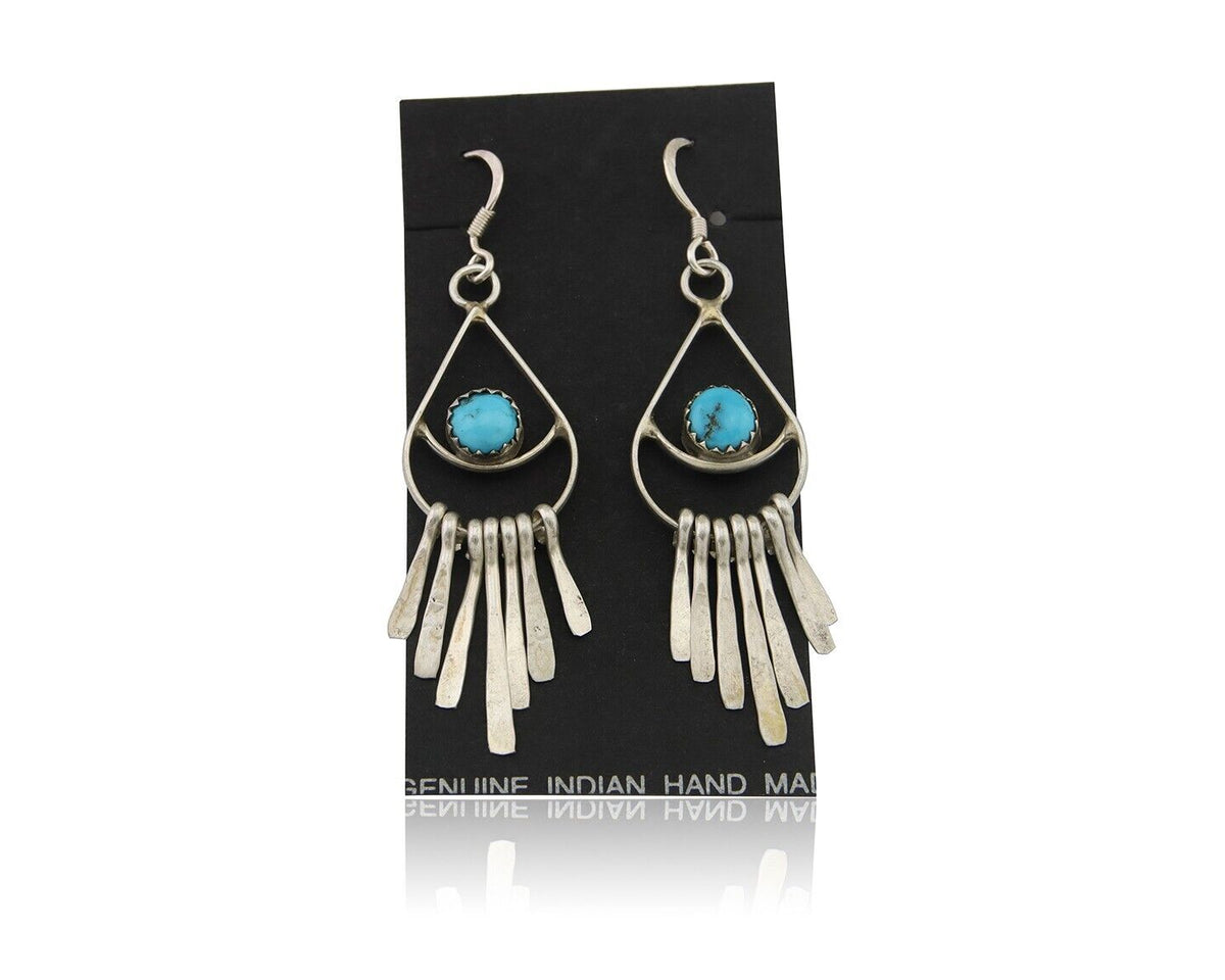 Navajo Dangle Earrings 925 Silver Natural Turquoise Artist Signed JB C.80's