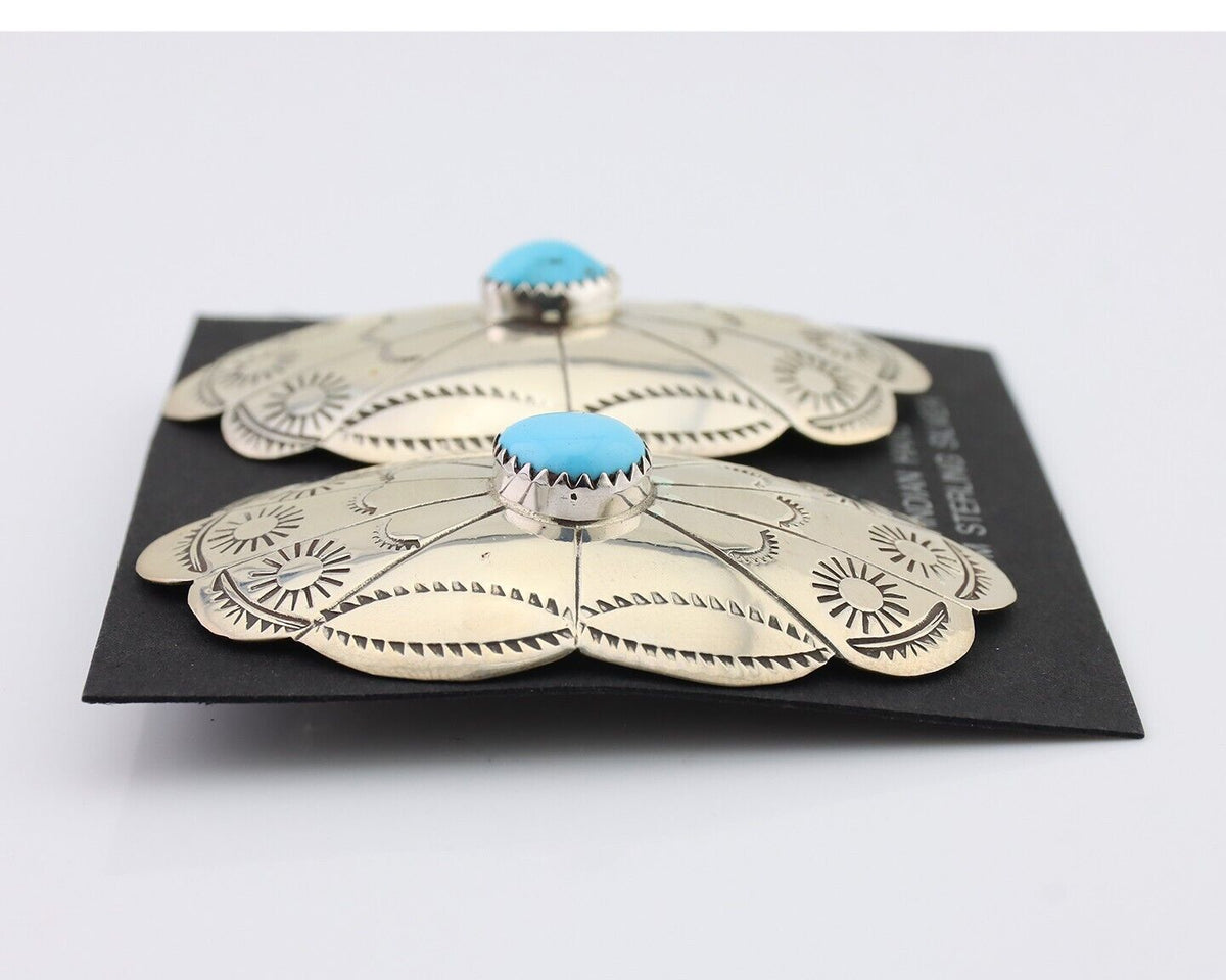 Navajo Hand Stamped Shield Earrings 925 Silver Turquoise Native Artist C.80's