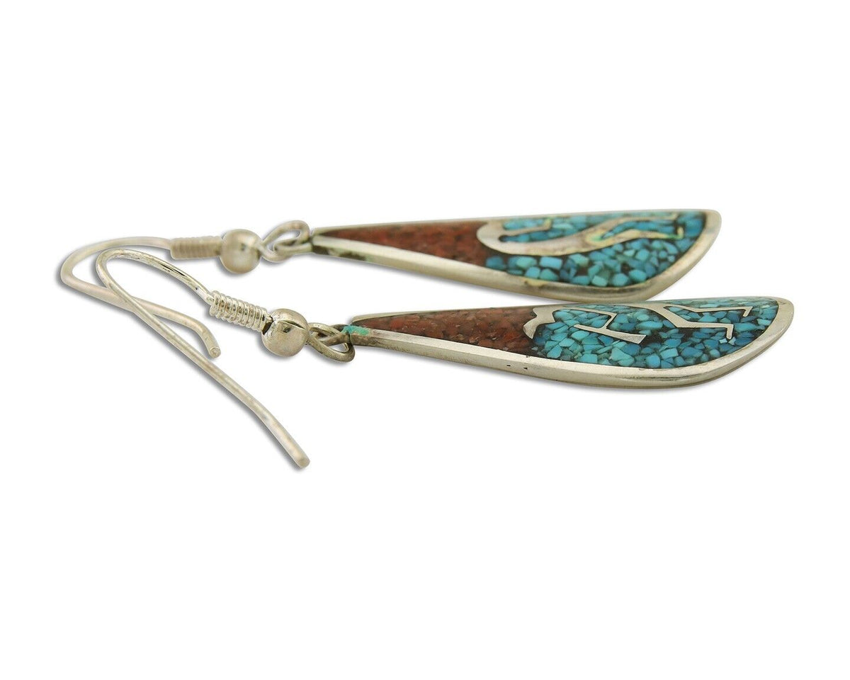 Navajo Kokopelli Earrings 999 Nickel Chip Inlay Turquoise Coral Native American