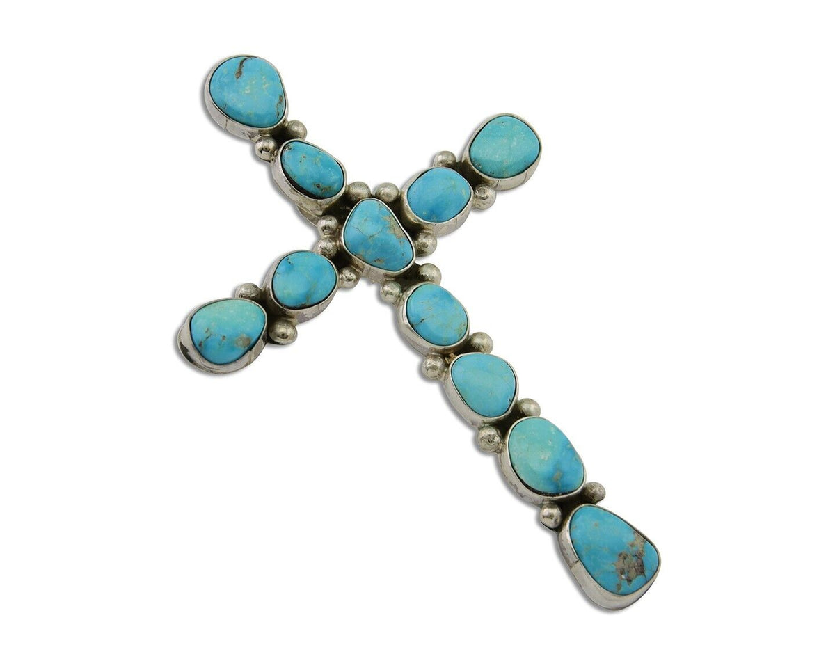 Navajo Cross Handmade Pendant 925 Silver Turquoise Artist Signed Russel Sam C80s