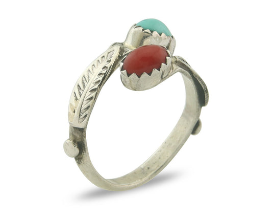 Vintage Navajo Ring 925 Sterling Natural Coral & Turquoise Native Artist Sz 5.0