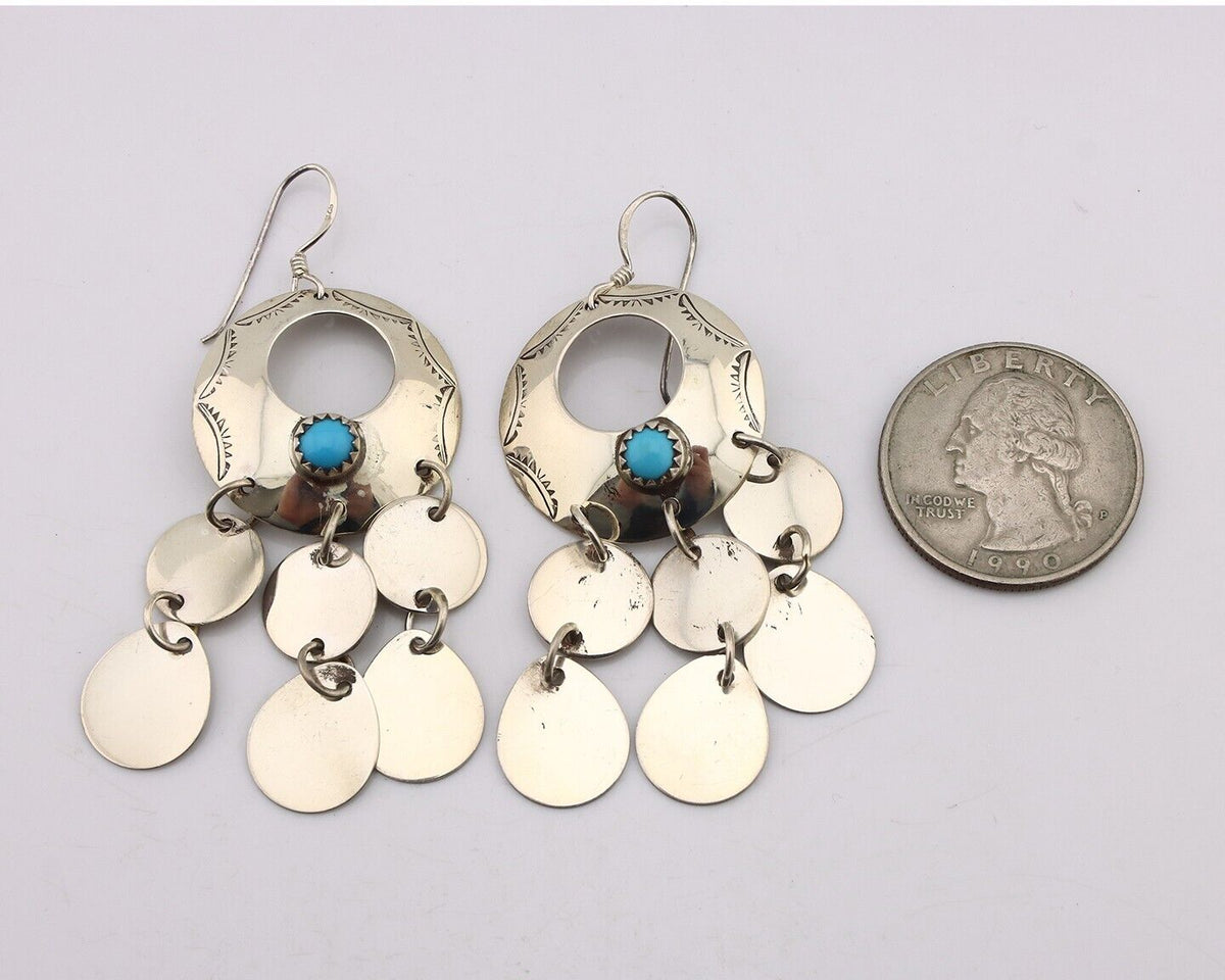 Navajo Dangle Handmade Earrings 925 Silver Blue Turquoise Native Artist C.80's