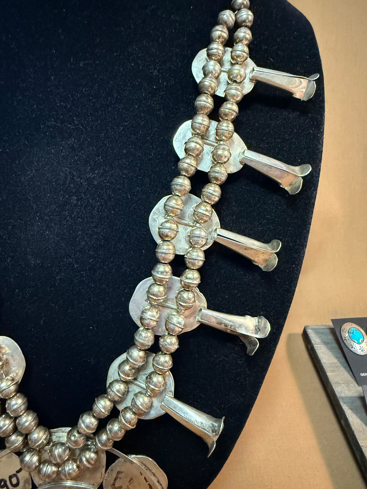 Navajo Sterling Silver Squash Necklace Authentic Nugget Turquoise Vintage Signed