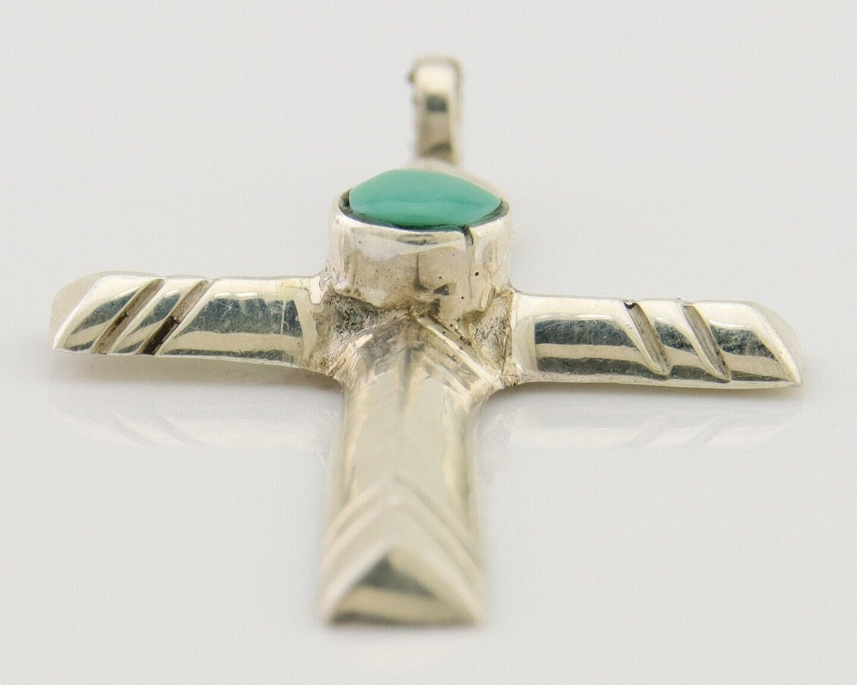Navajo Sand Cast Cross Pendant 925 Silver Turquoise Artist Signed J Yazzie C.80s