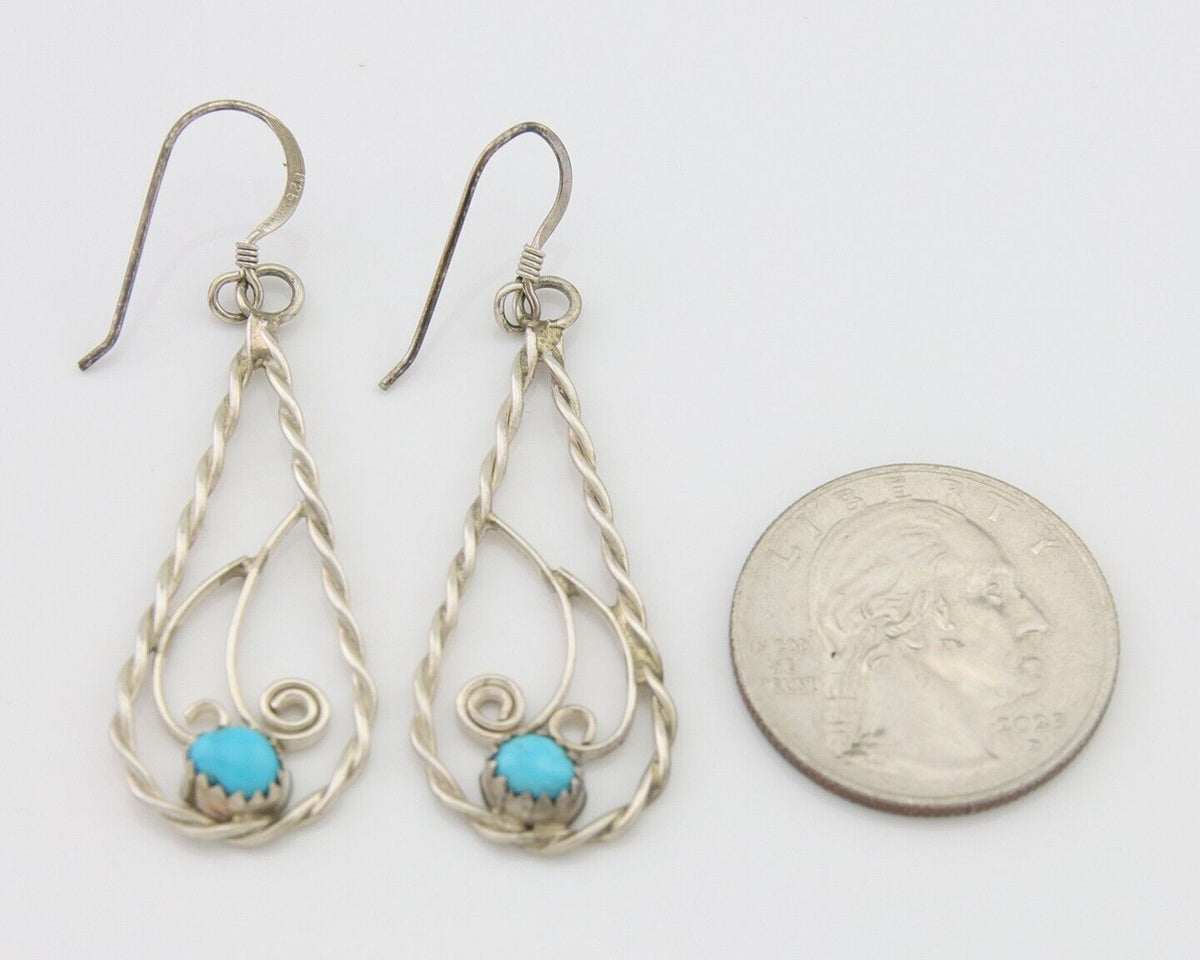 Navajo Dangle Earrings 925 Silver Natural Turquoise Artist Signed JB C.80's