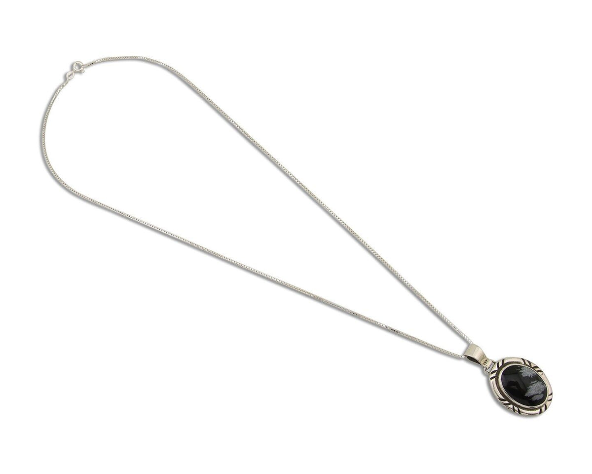 Navajo Necklace 925 Silver Onyx Natural Snowflake Agate Signed Native American