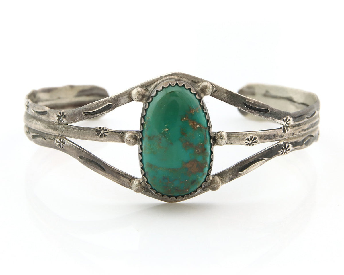 Navajo Bracelet Sterling Silver Turquoise Hand Stamped Native American Artist