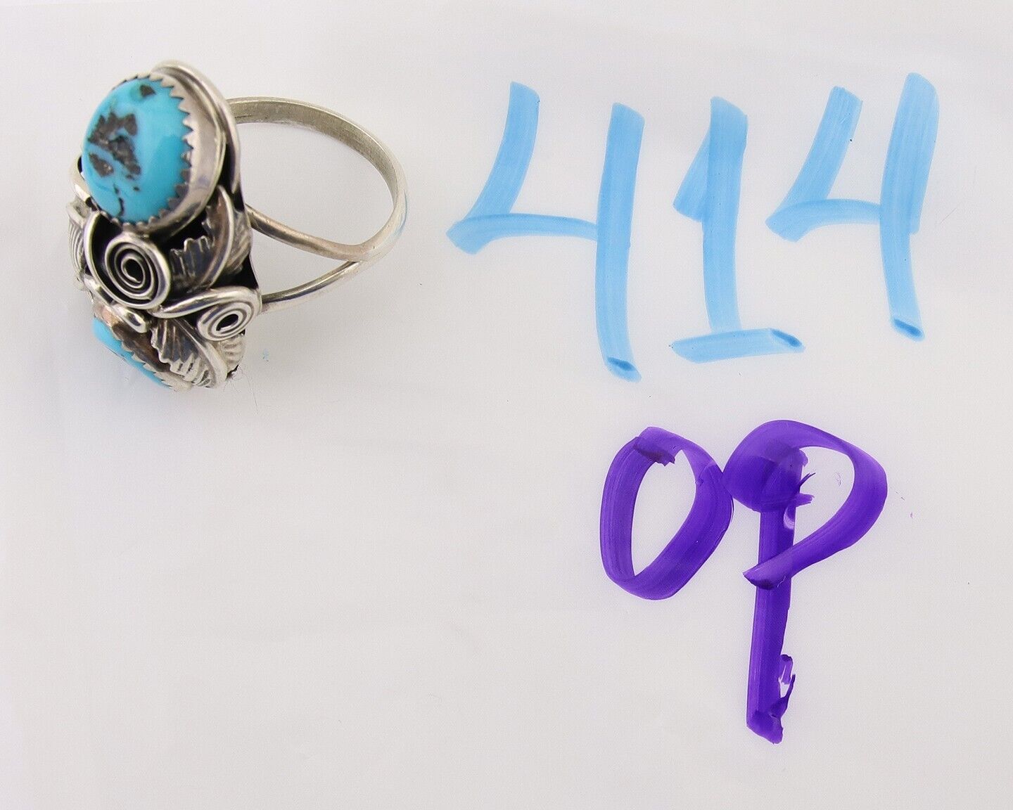 Navajo Ring .925 Silver Sleeping B Turquoise Artist Signed MP C.80's