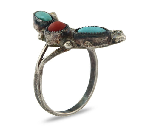 Vintage Navajo Ring 925 Sterling Silver Traditional Authentic Coral & Turquoise