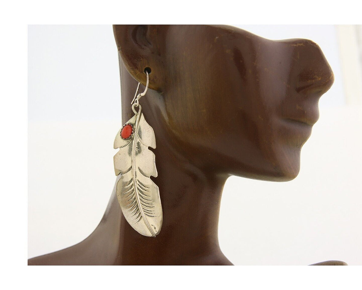 Navajo Earrings 925 Silver Natural Coral Native American C.80's Eagle Feather