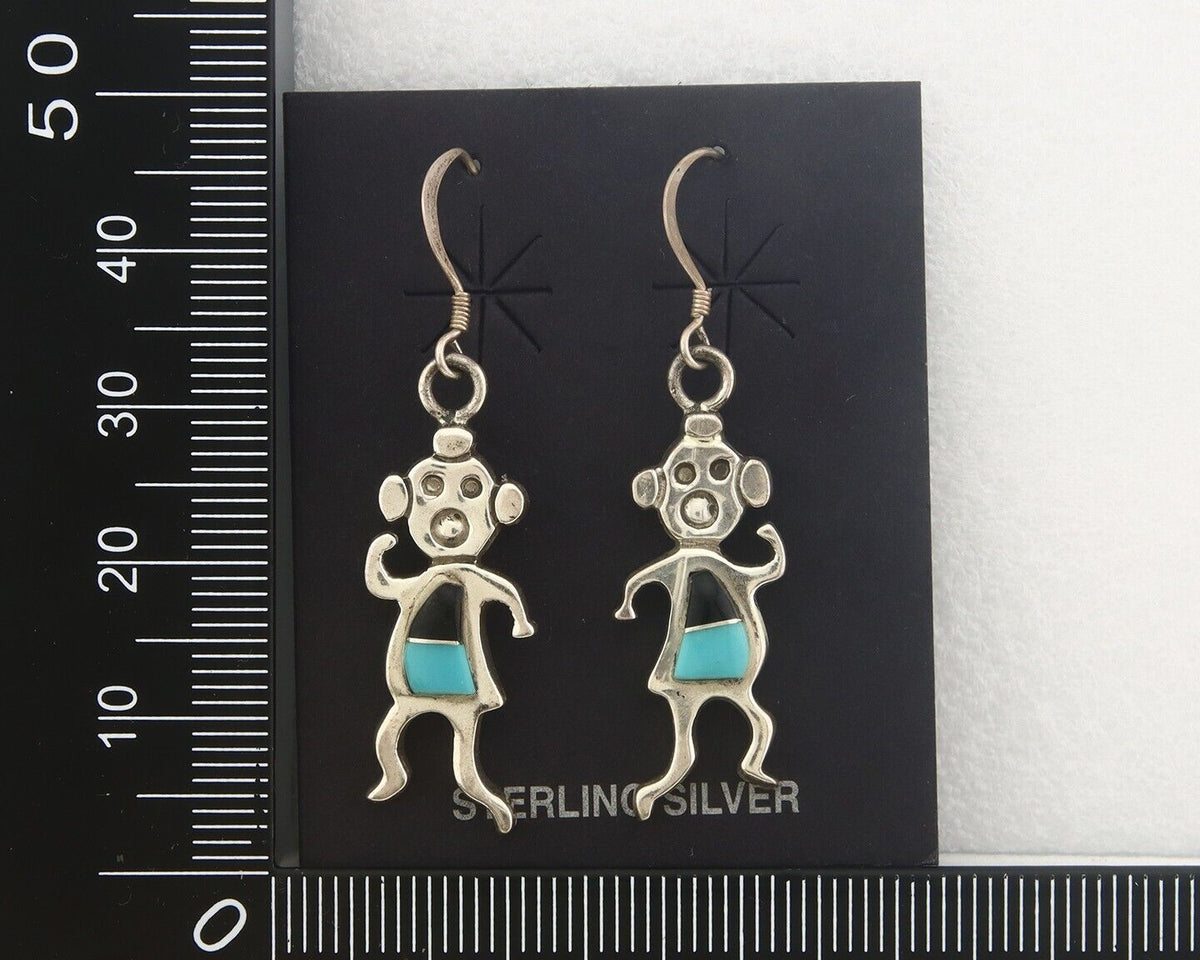 Navajo Earrings 925 Silver Natural Turquoise & Onyx Native American Artist C.80s