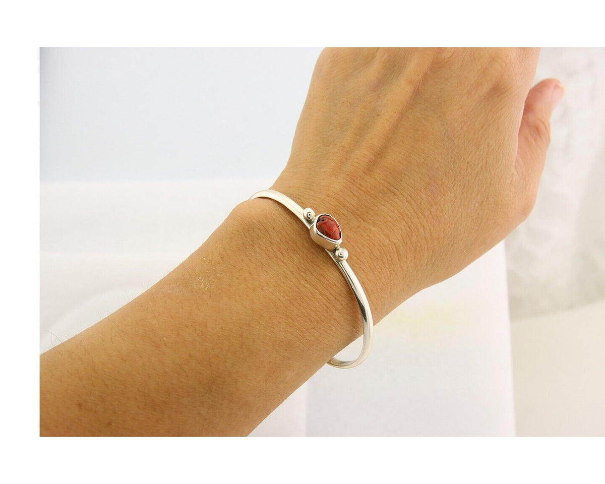 Navajo Bracelet .925 Silver Mediterranean Red Coral Cuff Native Artist C.80's