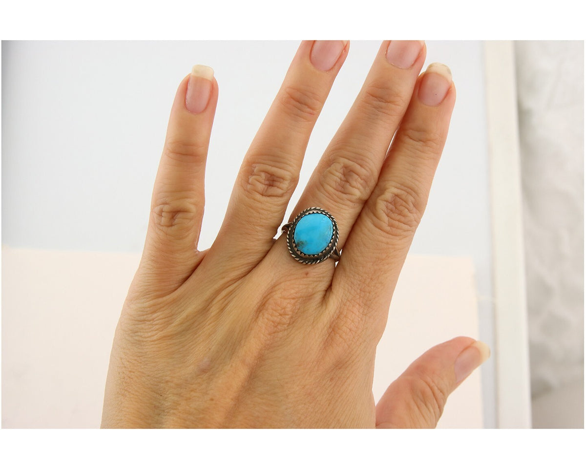 Navajo Ring 925 Sterling Natural Mined Arizona Turquoise C.80's Size 6.0