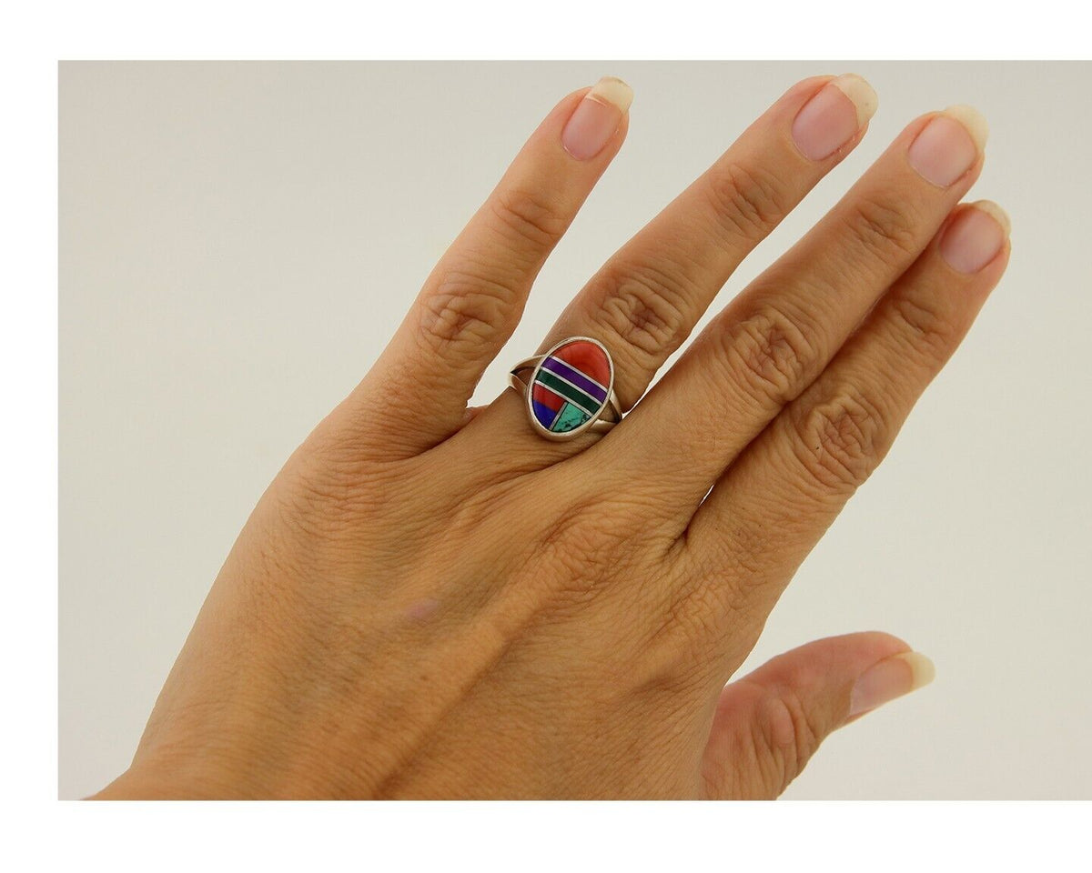 Navajo Ring 925 Sterling Silver Natural Gemstones Artist Signed Sunrise C.80's