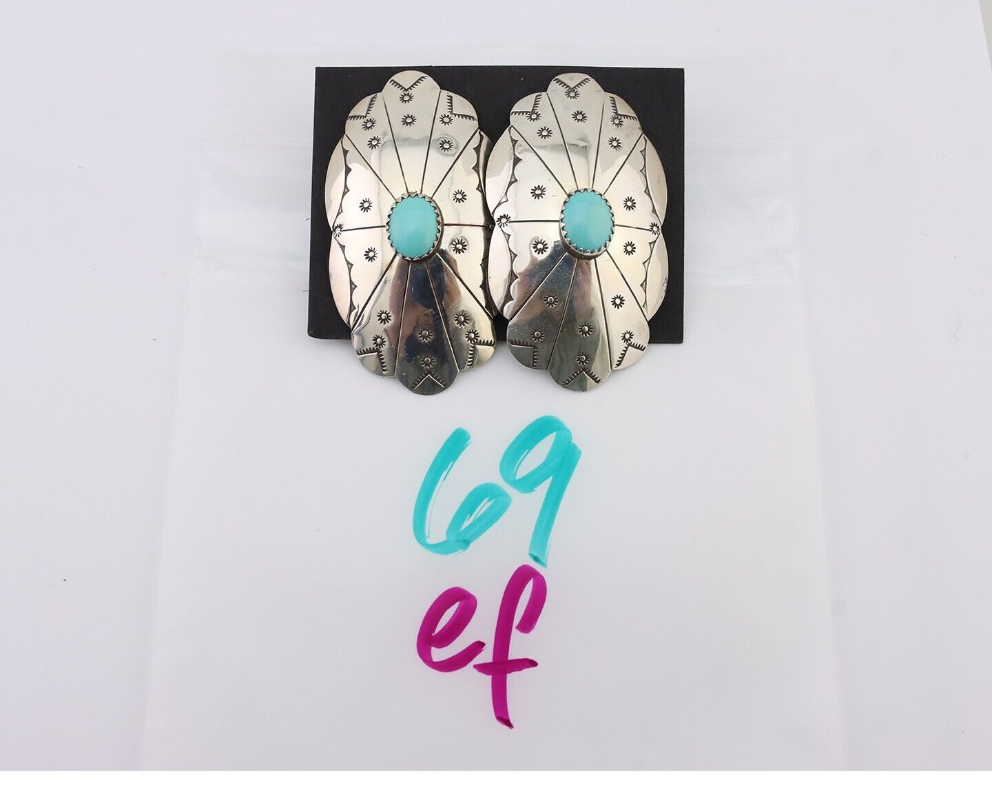 Navajo Hand Stamped Shield Earrings 925 Silver Turquoise Native Artist C.80's