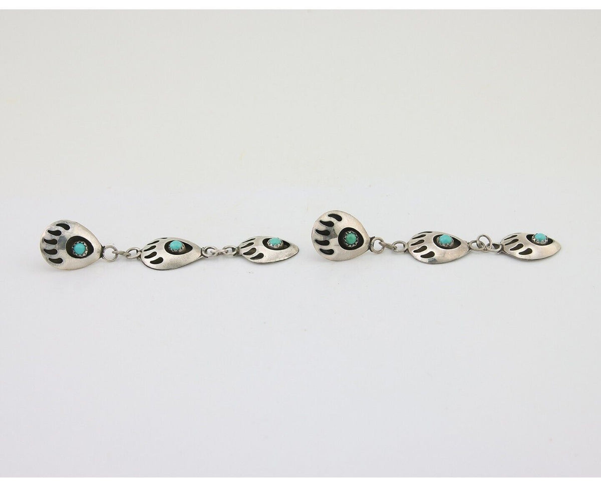 Navajo Paw Earrings 925 Silver Kingman Turquoise Native American Artist C.80's