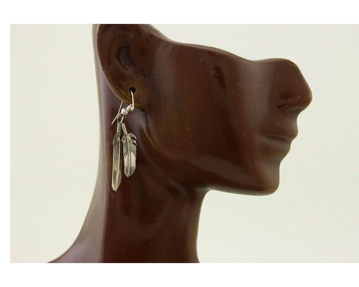 Navajo Earrings 925 Silver Dangle Eagle Feather Native American Artist C.80's
