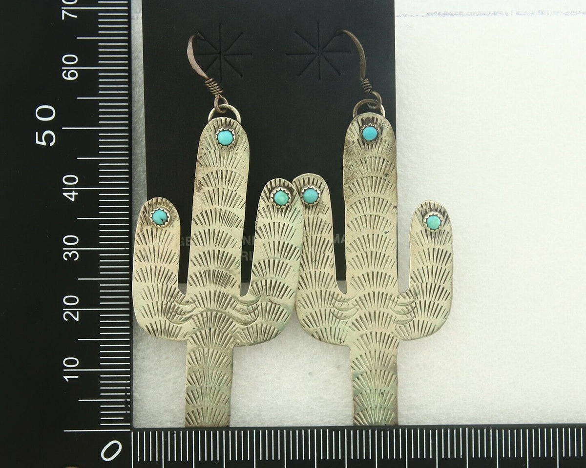 Navajo Cactus Earrings 925 Silver Natural Turquoise Native American Artist C.80s