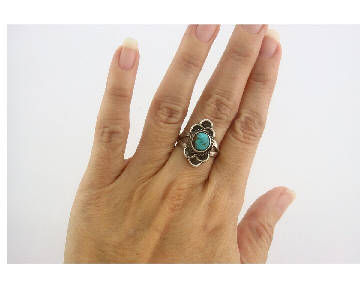 Navajo Ring 925 Sterling Natural Turquoise Native Artist C.80's Size 6.25