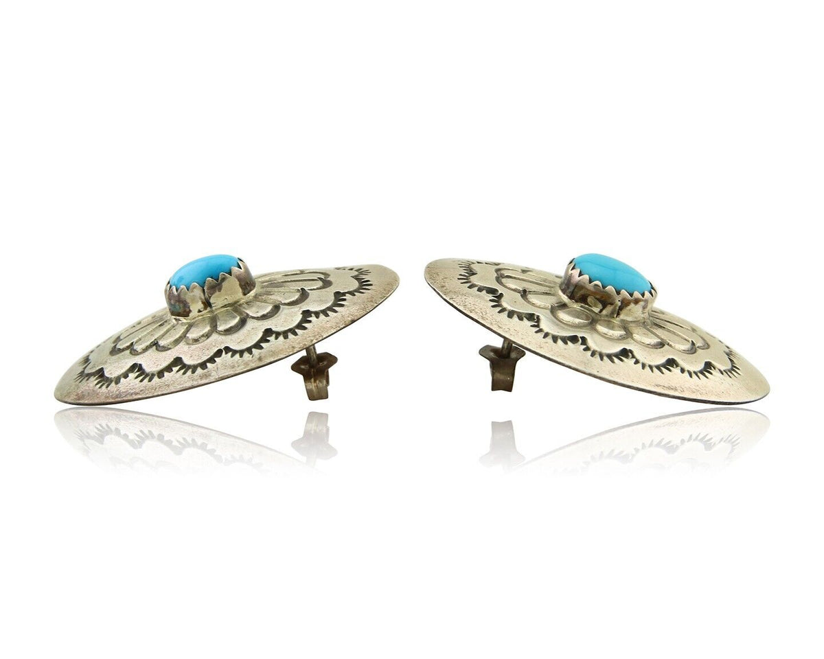Navajo Earrings 925 Silver Concho Hand Stamped Turquoise Native Artist C.80's