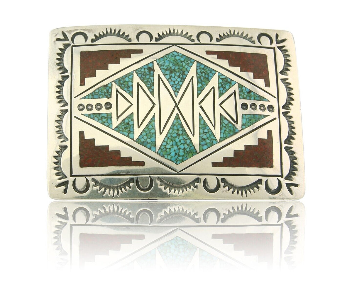 Vintage Navajo Belt Buckle 925 Silver Inlaid Gemstone Signed Stanley Bain C.80's
