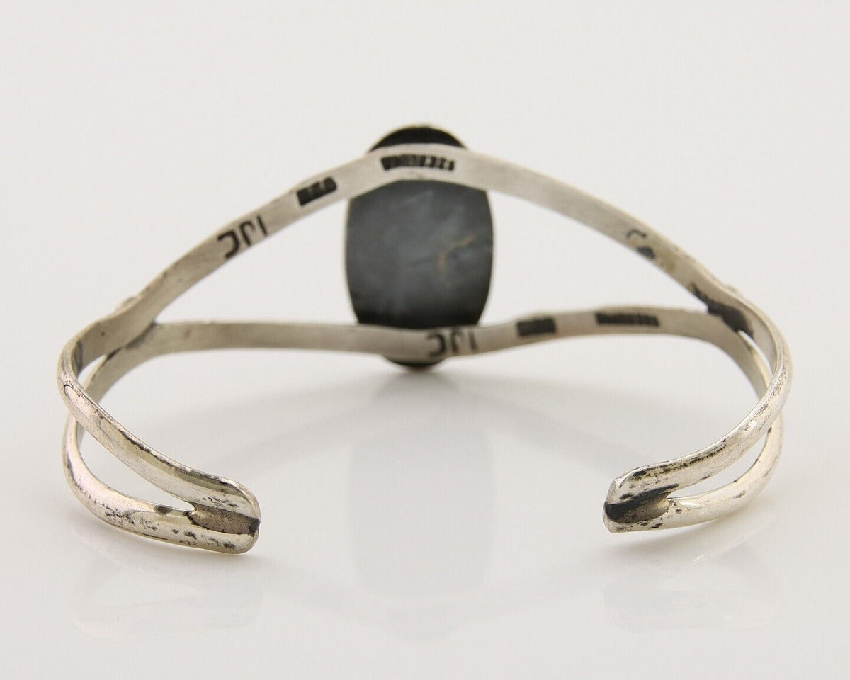 Navajo Hand Stamped Cuff Bracelet Malachite 925 Silver Artist Signed IJC C.80's