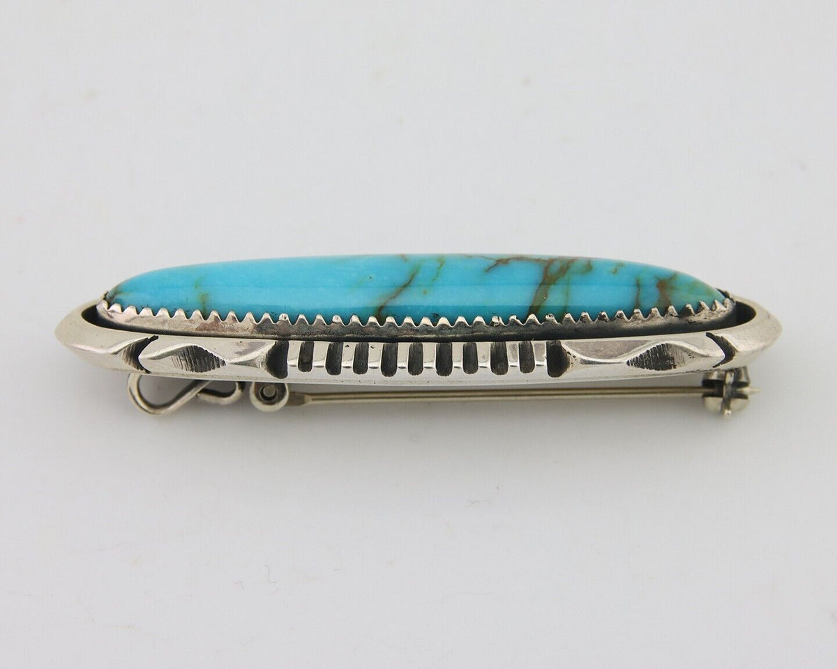 Navajo Pin Pendant 925 Silver Natural Blue Turquoise Artist Signed Running Bear