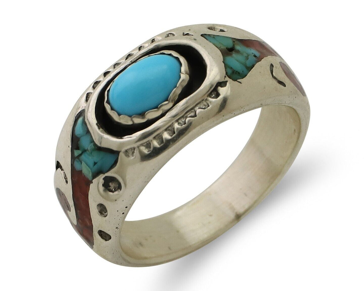 Navajo Ring 925 Silver Turquoise & Coral Natural American Artist C.80's