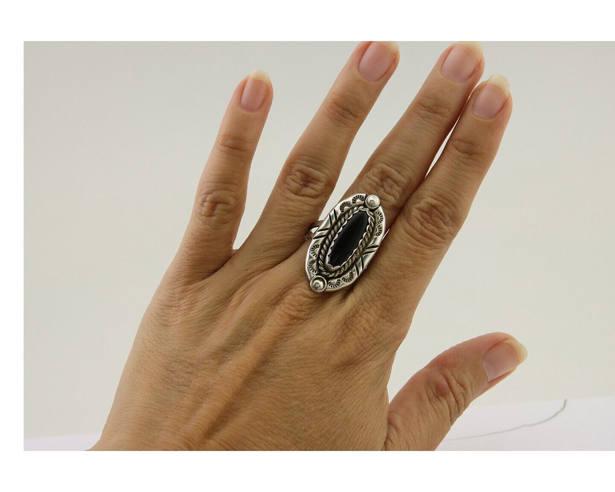 Navajo Ring 925 Silver Black Onyx Artist Signed V & N Edsitty C.80's