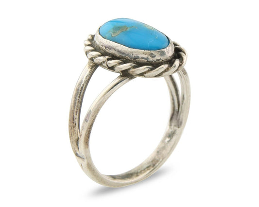 Navajo Ring 925 Sterling Natural Mined Turquoise Signed Arrow C.80's Size 7.0