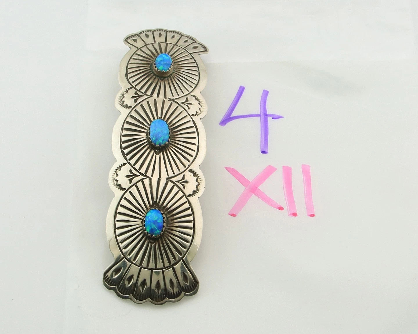 Navajo Barrette Sterling Silver Opal Hand Stamped Vintage Signed B SOCE