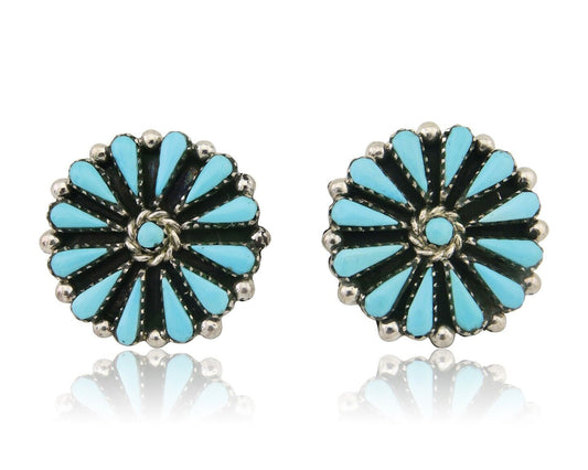 Navajo Petit Point Earrings 925 Silver Turquoise Signed Benson Yazzie C.80's