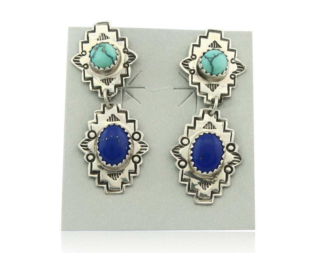Navajo Earrings Sterling Silver Lapis & Truquoise Vintage Signed Mary Ellen