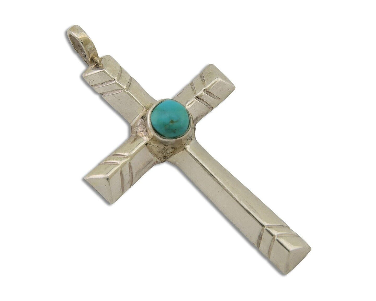 Navajo Sand Cast Cross Pendant 925 Silver Turquoise Artist Signed J Yazzie C.80s