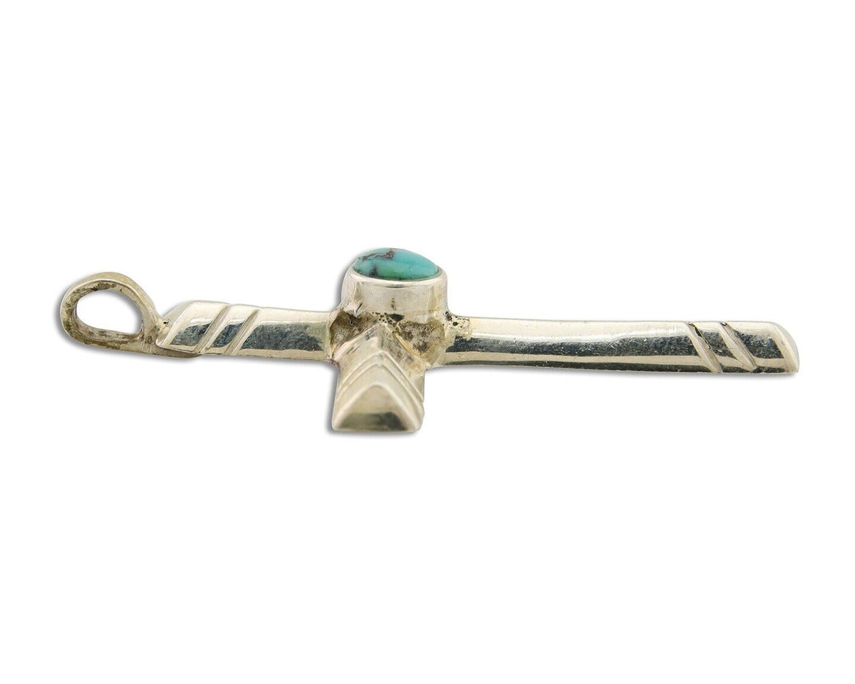 Navajo Sand Cast Cross Pendant 925 Silver Turquoise Artist Signed J Yazzie C.80s