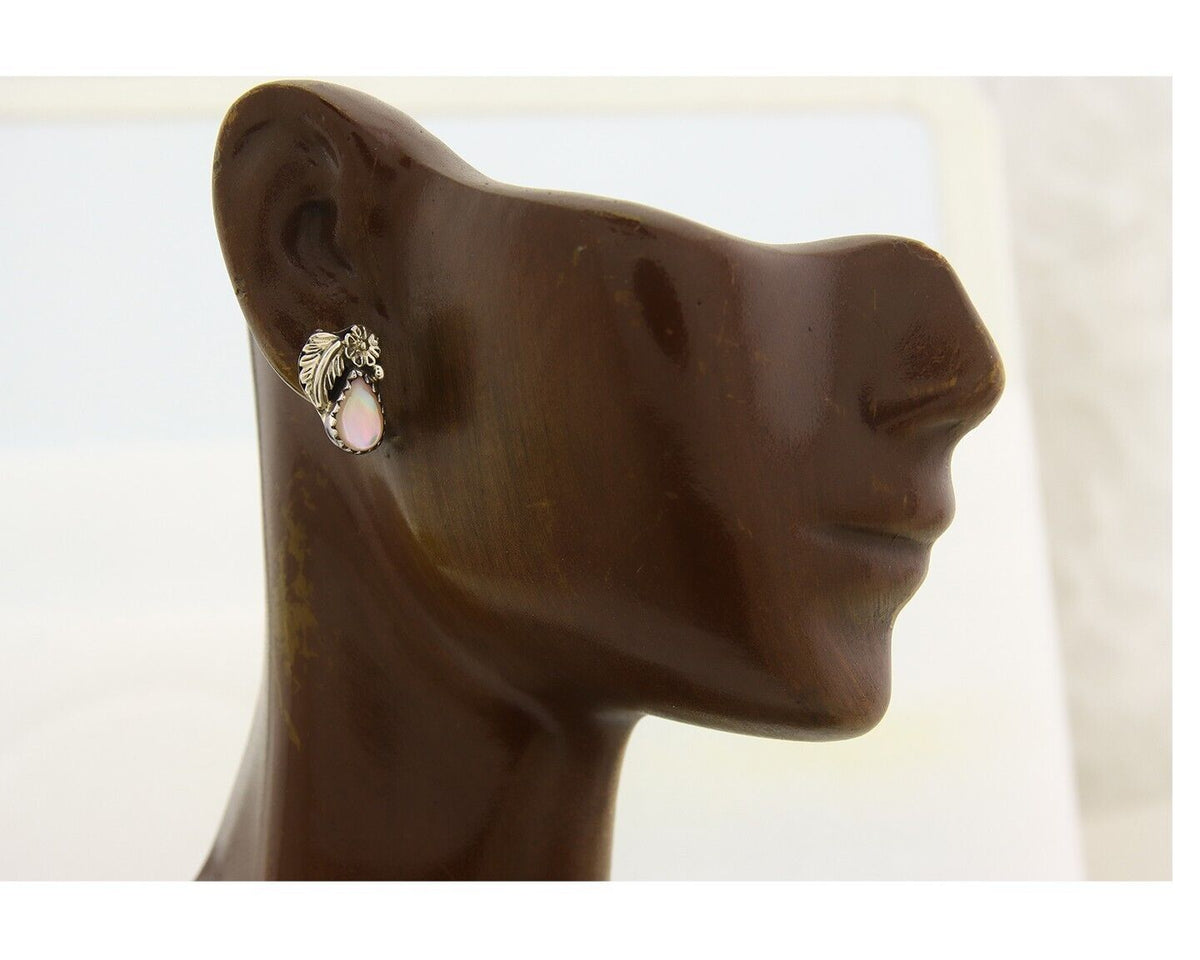 Navajo Earrings 925 Silver Handmade Natural Pink Mussel Native American Artist