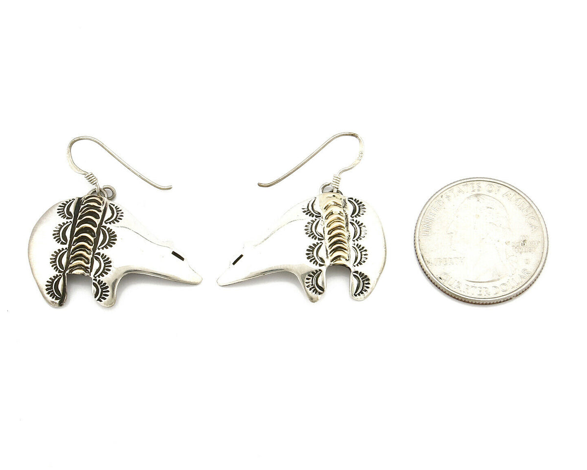 Navajo Dangle Earrings 925 Silver & 14k Solid Gold Spirit Bear Artist RT