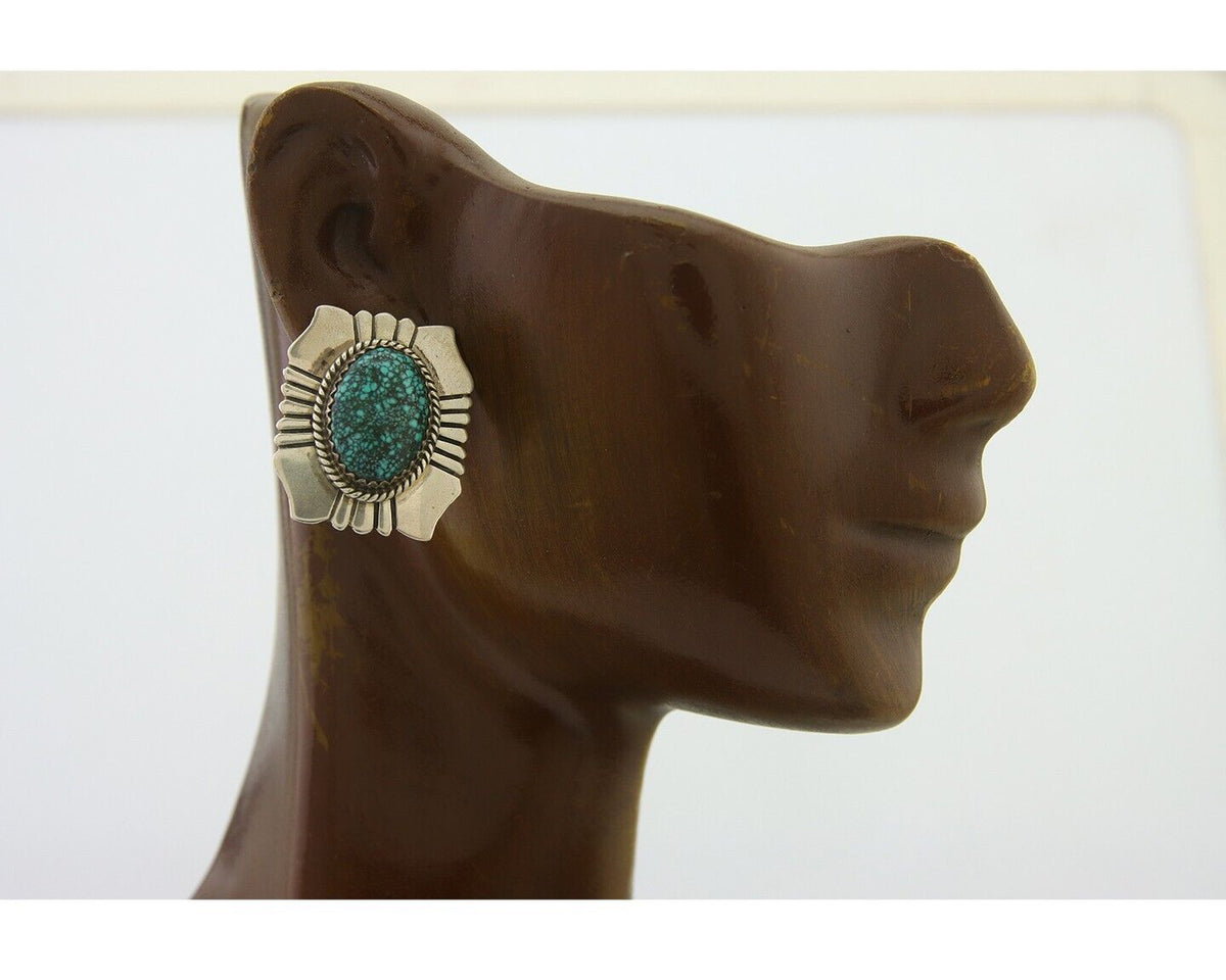 Navajo Earrings 925 Silver Natural Turquoise Artist Signed Running Bear C80s