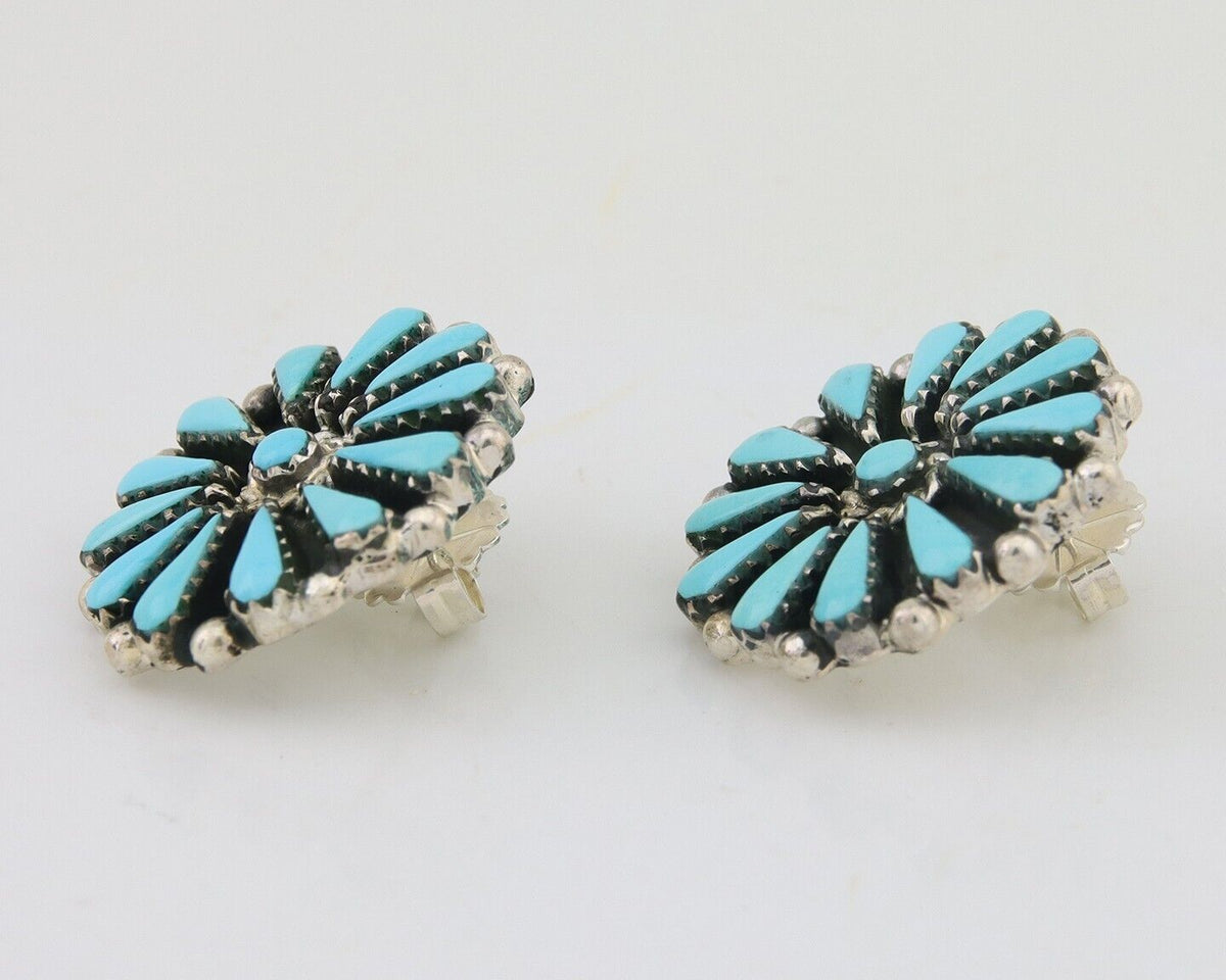 Navajo Petit Point Earrings 925 Silver Turquoise Signed Benson Yazzie C.80's